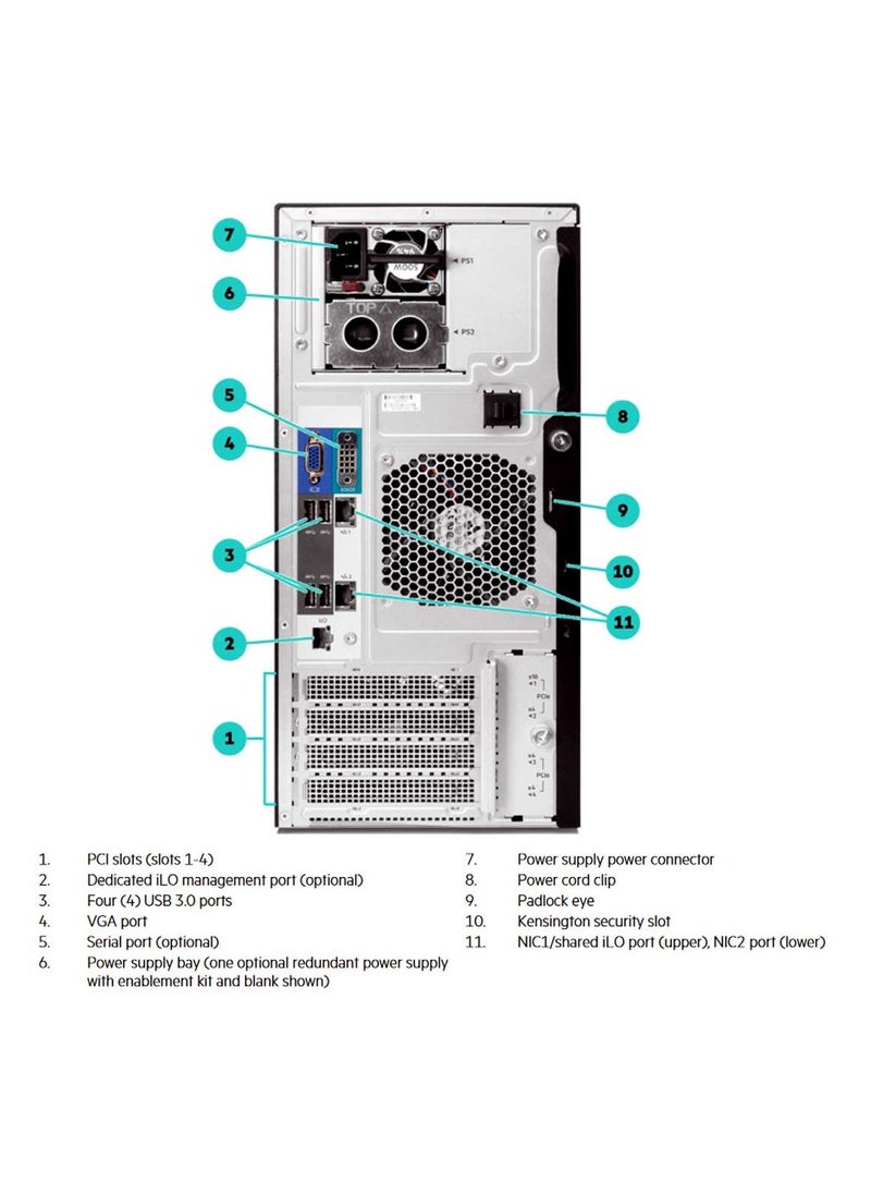 إتش بي - سيرفر HPE ProLiant ML30 البرجي، معالج Xeon E-2224 بسرعة 3.4 جيجاهرتز، ذاكرة RAM بسعة 16 جيجابايت DDR4، تخزين 1 تيرابايت SSD + 1 تيرابايت HDD، بطاقة رسومات مدمجة، نظام ويندوز 11 برو، لون أسود - Image 1