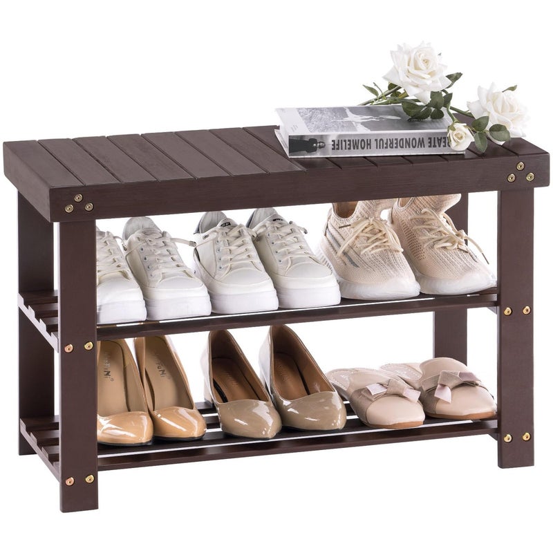 Apicizon Bamboo Shoe Rack for Entryway 3Tier Shoe Rack Bench for Front Indoor Entrance Small Shoe Organizer with Storage Dark Brown