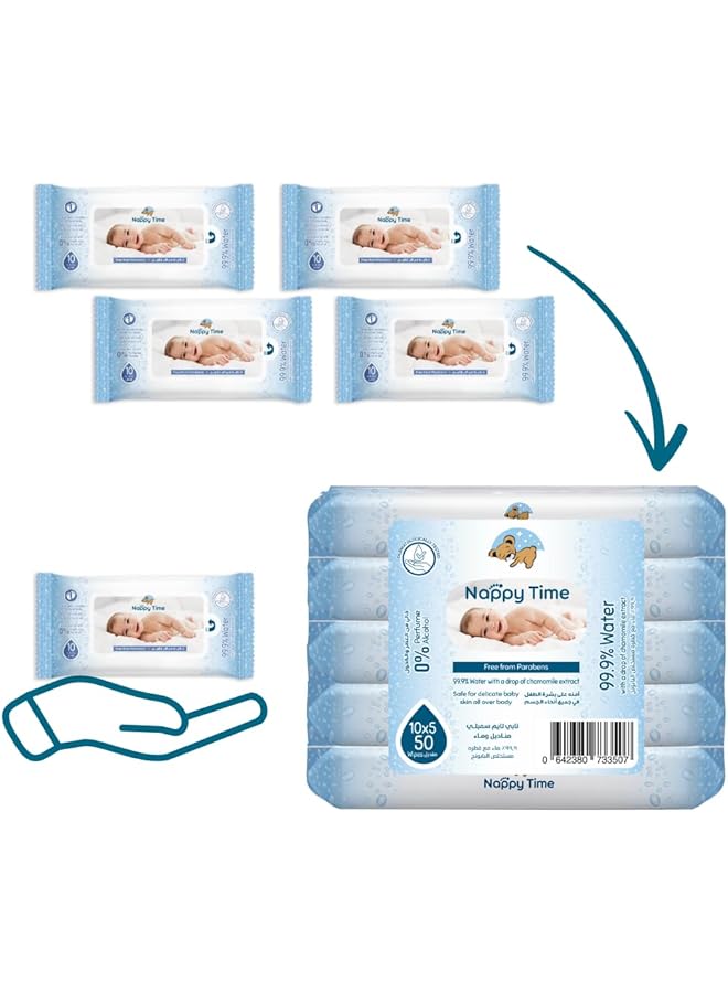 Nappy time Baby Wipes Travel Pack 99.9% Water 10S'X5 (50 Sheets) - Image 1