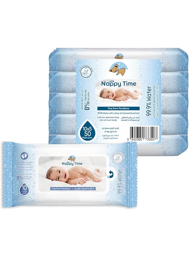 Nappy time Baby Wipes Travel Pack 99.9% Water 10S'X5 (50 Sheets) - Image 3