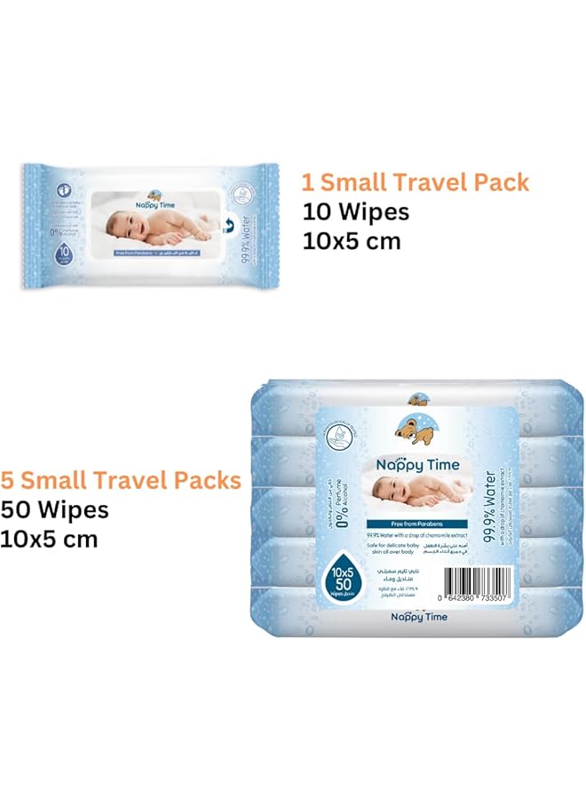 Nappy time Baby Wipes Travel Pack 99.9% Water 10S'X5 (50 Sheets) - Image 2
