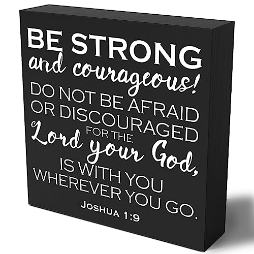 Woght Bible Verse Wooden Box Sign Plaque Be Strong and Courageous Do Not Be Afraid Wood Box Sign Rustic Art Home Office Shelf Desk Decor 5 x 5 x 1 Inches - Image 1