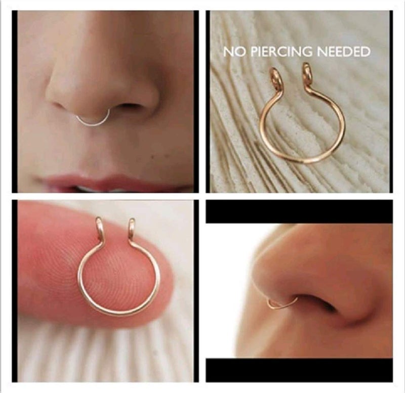 MAIHAO Non-Piercing Fake Faux Clip On Septum Nose Hoop Ring Body Jewelry Piercing Unisex C Shape Nose Ring Stud (Silver) - Image 2