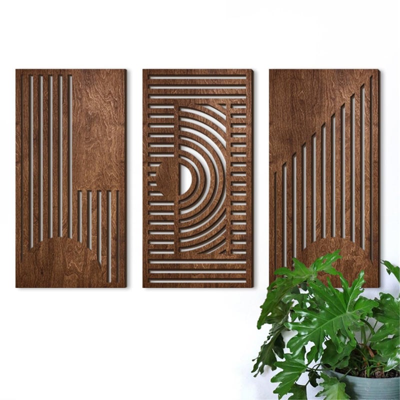 Jocaluyia 3 Pcs Geometric Wood Wall Art Decor Wooden Minimalist Wall Hanging Decor 3D Hollow Carved Craft Art Set Boho Abstract Wall Sculptures Panels Decoration for Home Living Room Bedroom Kitchen B - Image 2