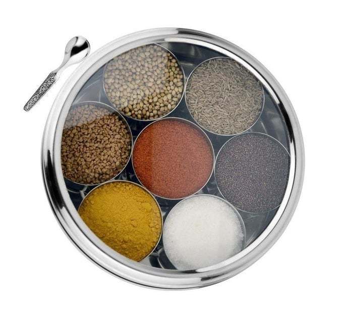 STAINLESS STEEL MASALA DANISPICE JARSPICE CONTAINERSPICE BOX WITH STEEL THROUGH AIRTIGHT TRANSPARENT LID 7 CONTAINER 1 SMALL SPOON