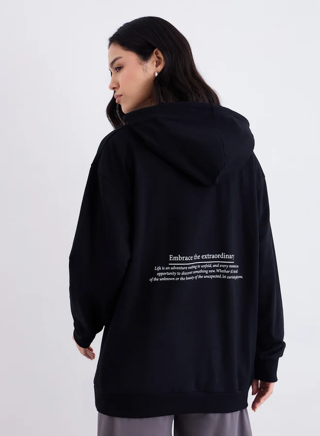 Styli Styli Black Embroidered Longline Hoodie