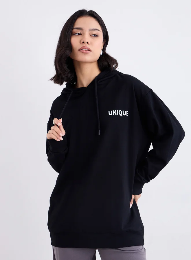 Styli Styli Black Embroidered Longline Hoodie