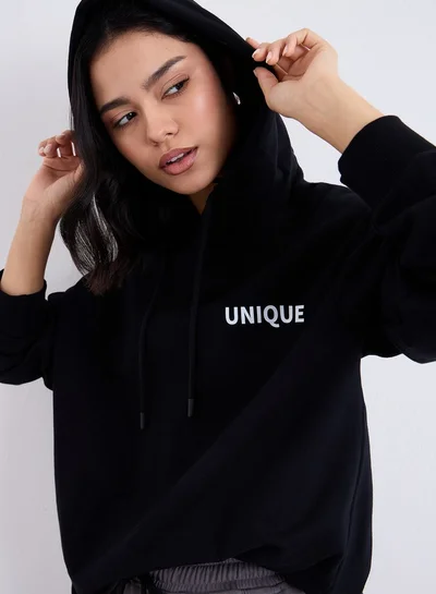 Styli Styli Black Embroidered Longline Hoodie