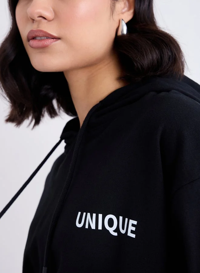 Styli Styli Black Embroidered Longline Hoodie