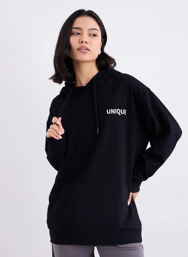 Styli Styli Black Embroidered Longline Hoodie
