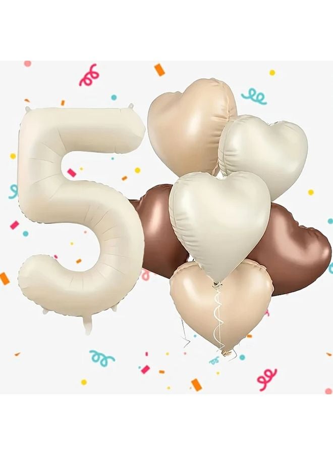 7 Piece Set Creamy White Heart Shaped Number Balloons For Wedding Engagement Romantic Decorations - Image 1