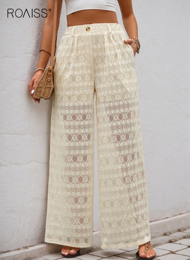 roaiss Lace Panel Flowy Palazzo Pants for Women with High Waist Wide Leg Design Lightweight Fabric Soft Elastic Waistband Long Pants Lined Wear Breathable Summer Trousers Fluid Drape - Image 1