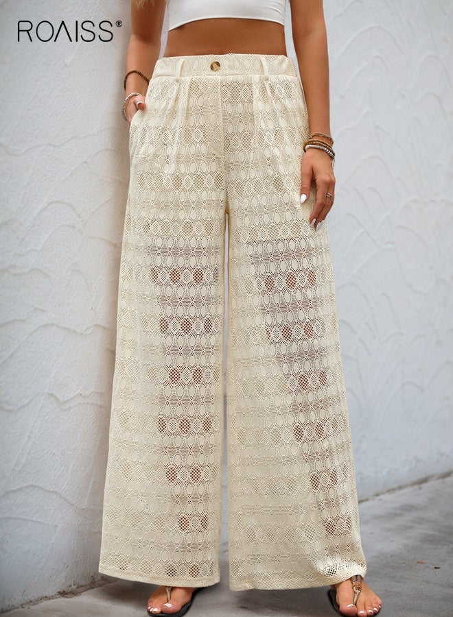 roaiss Lace Panel Flowy Palazzo Pants for Women with High Waist Wide Leg Design Lightweight Fabric Soft Elastic Waistband Long Pants Lined Wear Breathable Summer Trousers Fluid Drape - Image 4