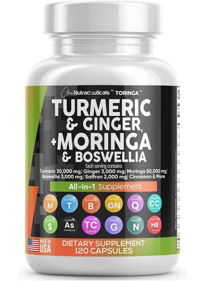 Clean Nutraceuticals - Turmeric Curcumin 30000Mg Ginger 3000Mg Moringa 50000Mg Boswellia 3000Mg Saffron 2000Mg Joint Support Supplement For Women And Men With Ceylon Cinnamon Quercetin Tart Cherry Made In Usa 120 Caps - Image 1