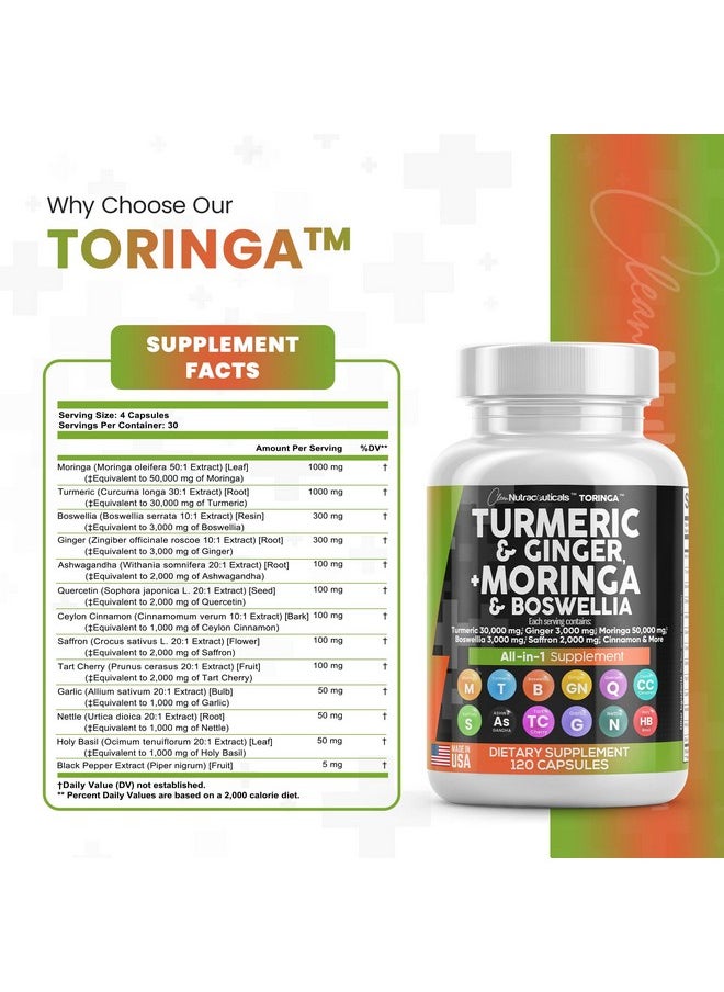 Clean Nutraceuticals - Turmeric Curcumin 30000Mg Ginger 3000Mg Moringa 50000Mg Boswellia 3000Mg Saffron 2000Mg Joint Support Supplement For Women And Men With Ceylon Cinnamon Quercetin Tart Cherry Made In Usa 120 Caps - Image 1