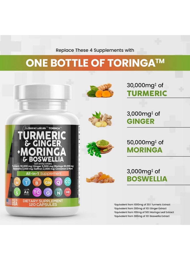 Clean Nutraceuticals - Turmeric Curcumin 30000Mg Ginger 3000Mg Moringa 50000Mg Boswellia 3000Mg Saffron 2000Mg Joint Support Supplement For Women And Men With Ceylon Cinnamon Quercetin Tart Cherry Made In Usa 120 Caps - Image 1