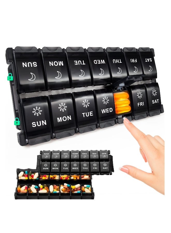 Large Pill Organizer, 2 Times a Day, Push Botton 7 Day Pill Box, Weekly Day Night Vitamin Organizer, Am Pm Medicine Organizer, Big Pill Container, Pill Case for Vitamin, Fish Oils, Supplement - Image 1