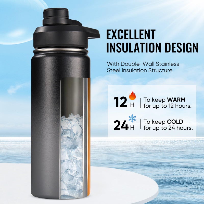 Fijinhom 18 oz Insulated Water Bottle with Handle, 304 Stainless Steel Water Bottles with Wide Mouth, Double Wall Vacuum Sports Water Bottle, BPA Free, Keep Cold and Hot, Black/Gray - Image 3
