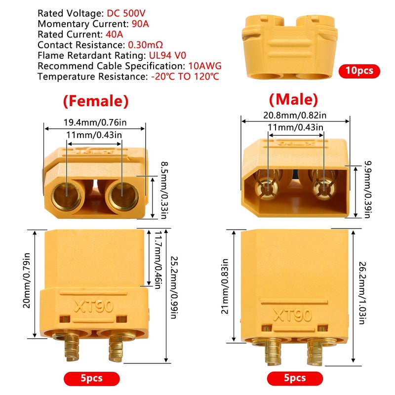 YIXISI موصلات YIXISI 5 أزواج XT90، موصلات XT90 ذكر وأنثى، موصلات طاقة مع غلاف، لبطارية RC Lipo نموذج RC - Image 2