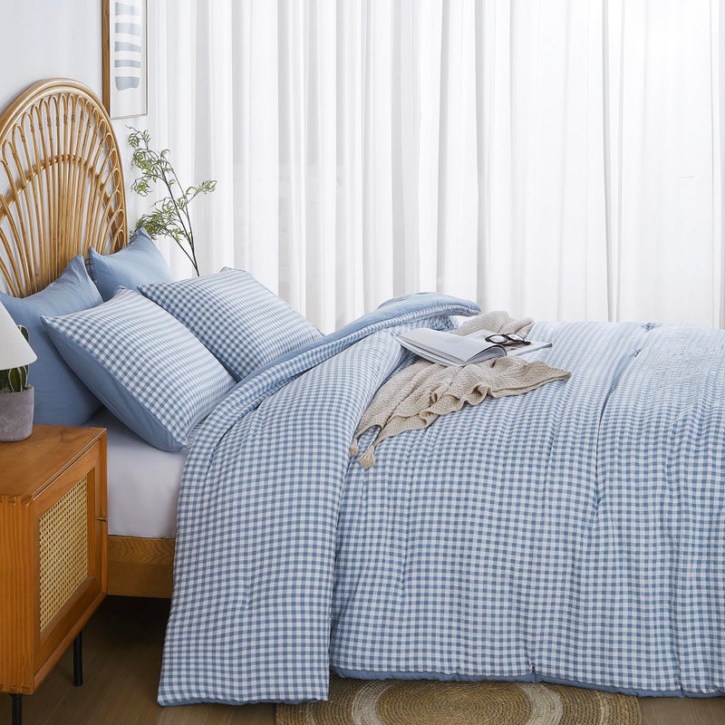 Oli Anderson Comforter Set, 3 PCS Bedding Comforter, Reversible Lightweight Fluffy Checkered Bedding Set with 2 Pillowcases for All Seasons (Blue Gingham, King) - Image 2