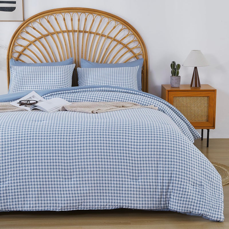 Oli Anderson Comforter Set, 3 PCS Bedding Comforter, Reversible Lightweight Fluffy Checkered Bedding Set with 2 Pillowcases for All Seasons (Blue Gingham, King) - Image 1