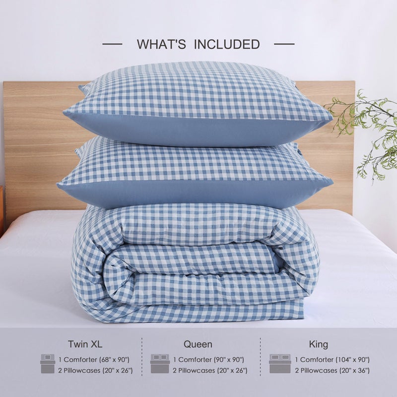 Oli Anderson Comforter Set, 3 PCS Bedding Comforter, Reversible Lightweight Fluffy Checkered Bedding Set with 2 Pillowcases for All Seasons (Blue Gingham, King) - Image 5