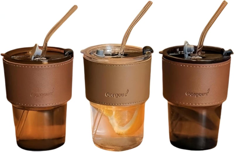 Multi-Purpose Travel Glass - 450ml Transparent Mug with Durable Cover and Straw, Splash-Resistant, Easy to Carry, Suitable for Coffee, Tea, or Other Hot and Cold Drinks (3 pcs)
