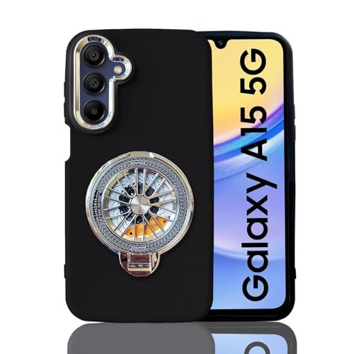 KC Back Cover for Samsung Galaxy A15 5G - Electroplated Crome Metal Ring Soft Silicone Silver Round Spinning Wheel Kickstand Holder Camera Protection Shockproof Bumper Case (Black) - Image 1