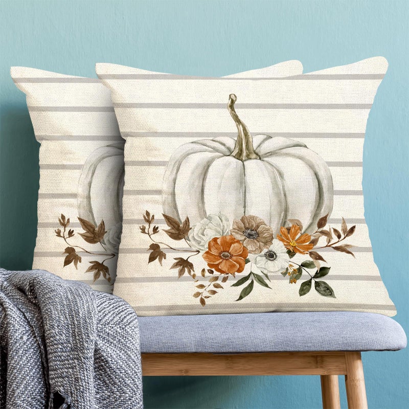 AEIOAE Fall Pillow Covers 24x24 Inch Set of 2 Watercolor Pumpkin Throw Pillows Case Gray Stripes Autumn Flower Outdoor Decorative Linen Farmhouse Harvest Decor Cushion Covers for Home Sofa Bed Couch - Image 2