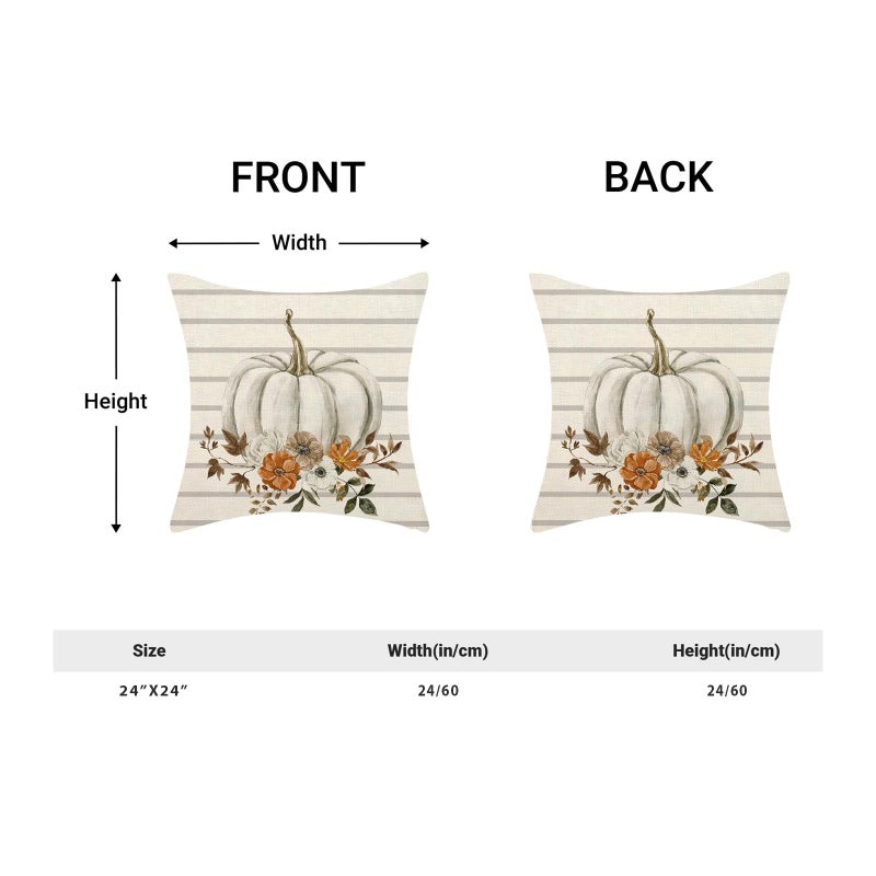 AEIOAE Fall Pillow Covers 24x24 Inch Set of 2 Watercolor Pumpkin Throw Pillows Case Gray Stripes Autumn Flower Outdoor Decorative Linen Farmhouse Harvest Decor Cushion Covers for Home Sofa Bed Couch - Image 5