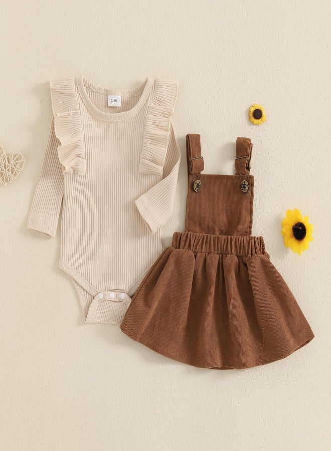 KMBANGI Newborn Infant Baby Girl Skirt Set Ruffle Long Sleeve Knit Romper Corduroy Suspender Dress Skirt Fall Winter Clothes (Beige, 12-18 Months) - Image 2
