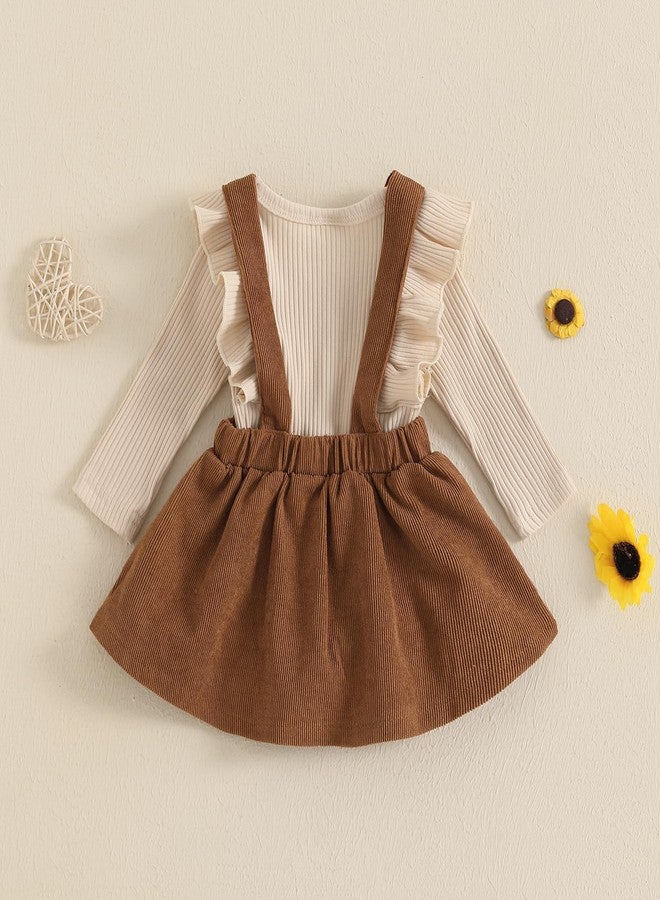 KMBANGI Newborn Infant Baby Girl Skirt Set Ruffle Long Sleeve Knit Romper Corduroy Suspender Dress Skirt Fall Winter Clothes (Beige, 12-18 Months) - Image 4