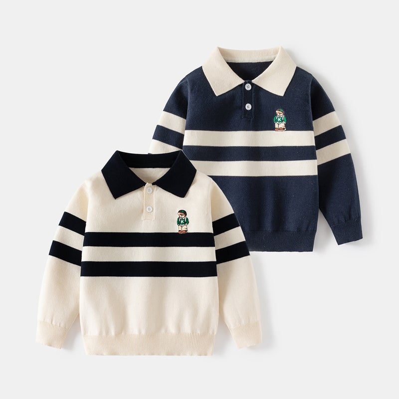 Children'S Clothing Boys' Lapel Sweater Korean Style Children'S Baby Cartoon Embroidered Sweater One-Piece Delivery - Image 2