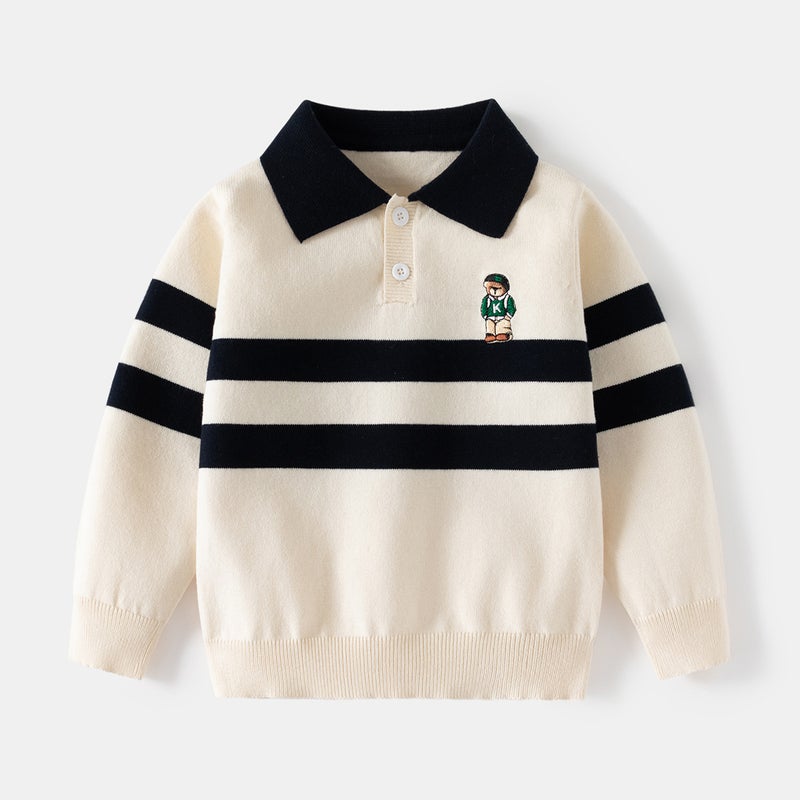 Children'S Clothing Boys' Lapel Sweater Korean Style Children'S Baby Cartoon Embroidered Sweater One-Piece Delivery - Image 3