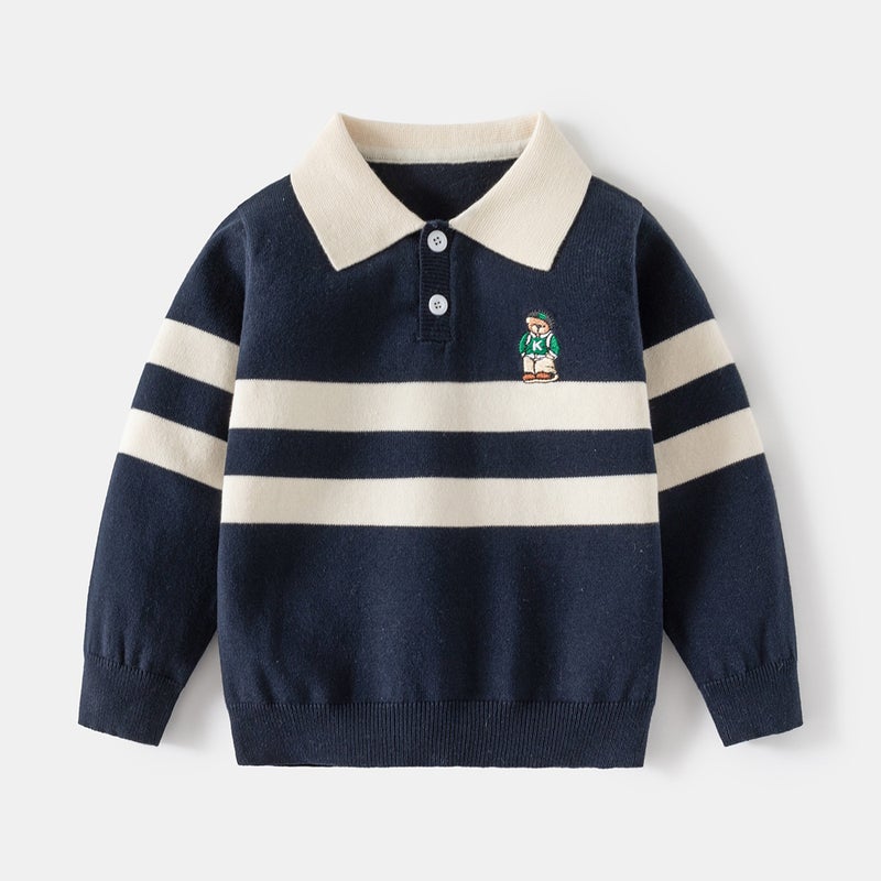 Children'S Clothing Boys' Lapel Sweater Korean Style Children'S Baby Cartoon Embroidered Sweater One-Piece Delivery - Image 1