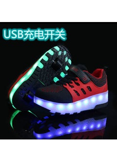 Generic Kids Double Wheel USB Charging Circular Roller Skates LED Colorful Lights Smooth Wheel Boys Girls Roller Skates Wholesale B91 black red 