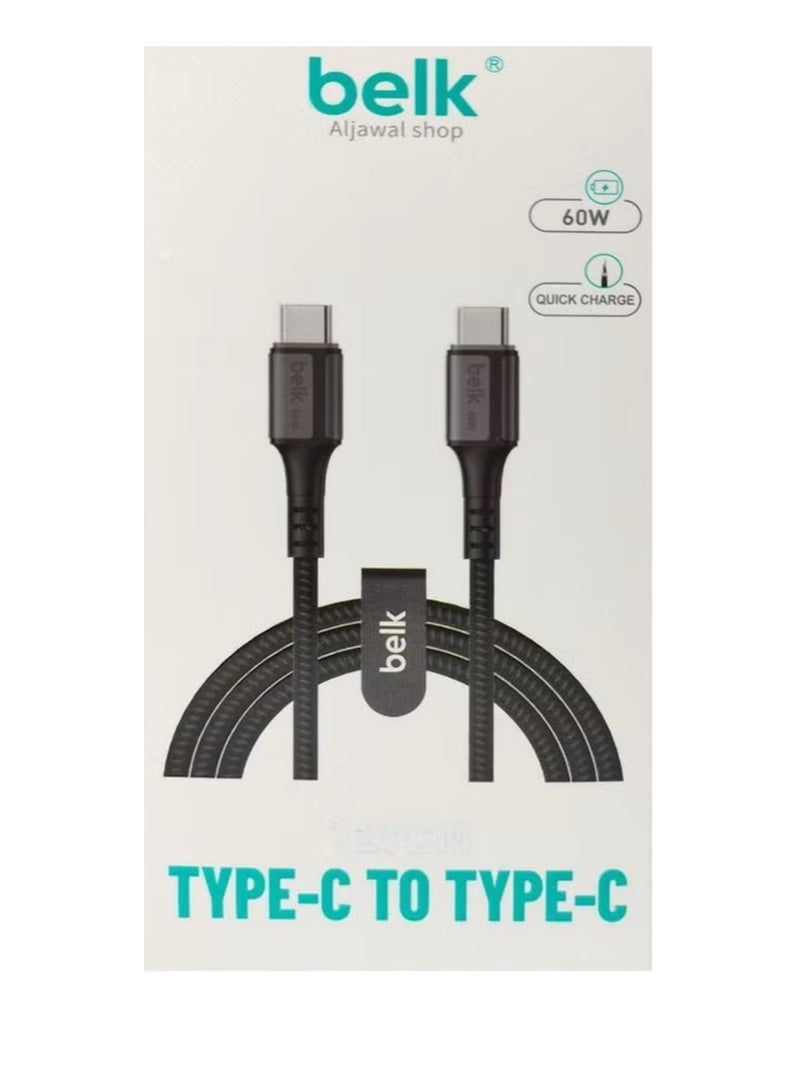 Belk 1.2m Type-C to Type-C Fast Charging Cable, 60W, 480Mbps Data Transfer, Made of Cut-Resistant Braided Fabric - Image 1
