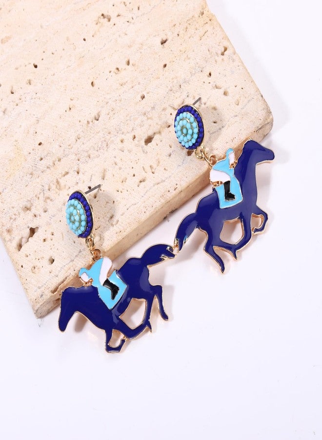 ARATLENCH Horse Earrings Funny Kentucky Derby Race Horse Drop Dangle Earrings for Women Western Cute Horse and Dangling Earrings Jewelry Gift for Horse Racing Fan (deep blue horse earrings) - Image 2