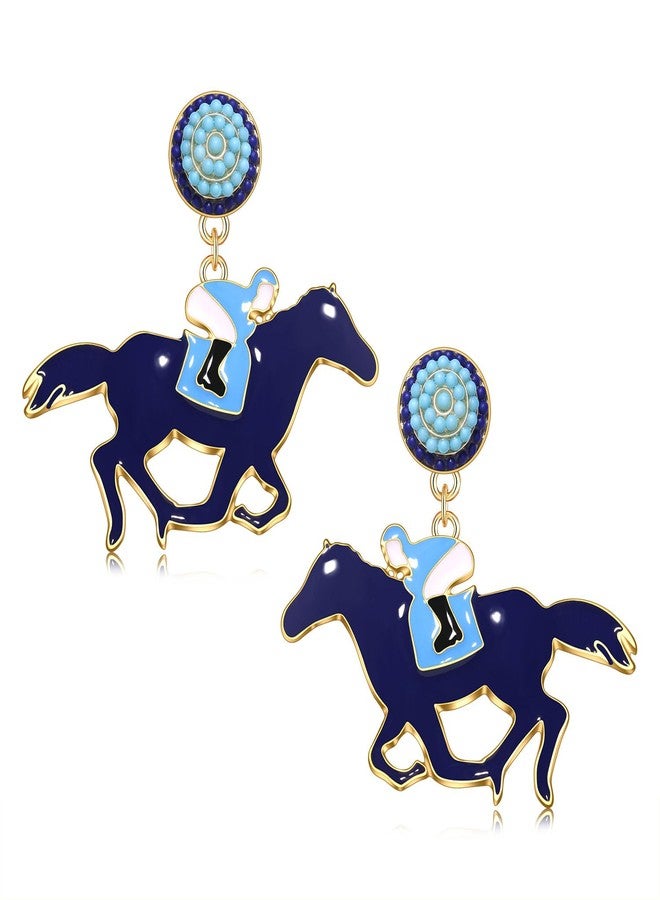 ARATLENCH Horse Earrings Funny Kentucky Derby Race Horse Drop Dangle Earrings for Women Western Cute Horse and Dangling Earrings Jewelry Gift for Horse Racing Fan (deep blue horse earrings) - Image 1