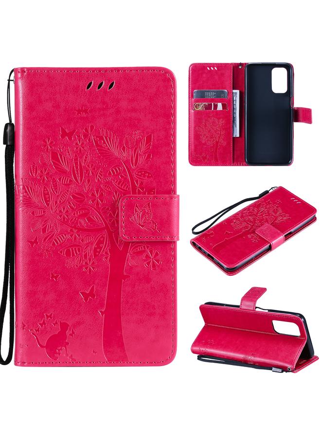 S-TOP Case For OPPO A93 5G / A74 5G Tree & Cat Pattern Pressed Printing Horizontal Flip PU Leather Case with Holder & Card Slots & Wallet & Lanyard - Image 1