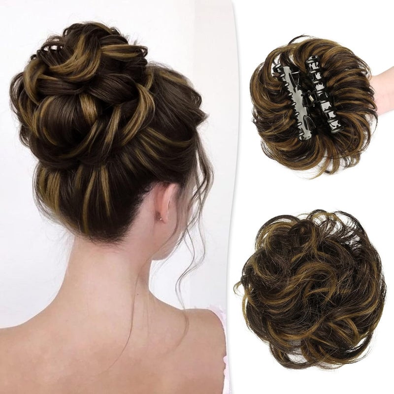 RUWISS Claw Clip Messy Bun Hair Piece Real Human Hair Buns Wavy Curly Chignon Hair Bun Extensions Tousled Updo Hair Buns Claw Clip Ponytail Hairpieces Dark Brown with Golden Blonde