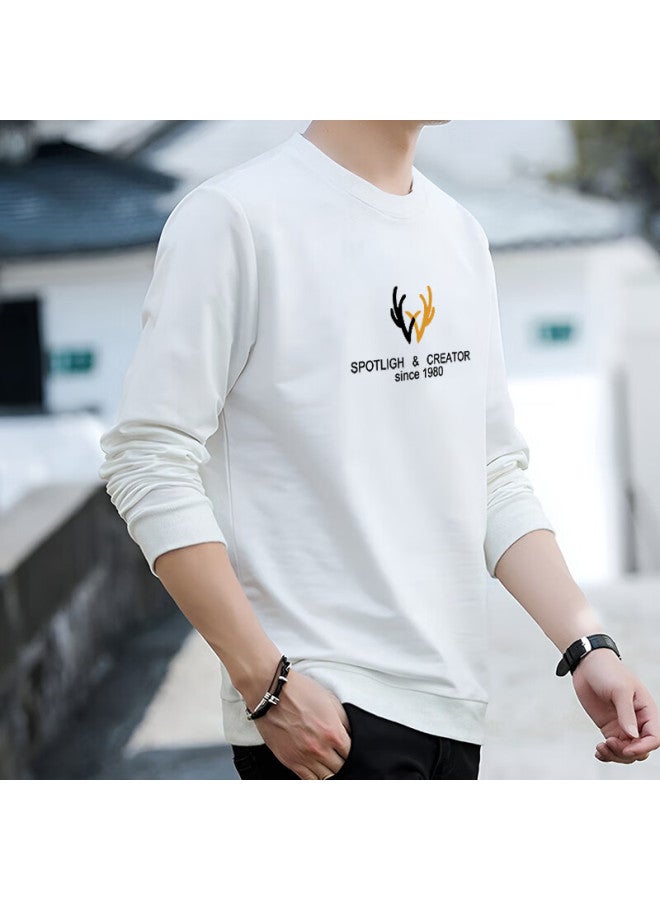 Vancamel Men's Autumn Casual Solid Color Crew Neck Long Sleeve Sweatshirt White XL - Image 2