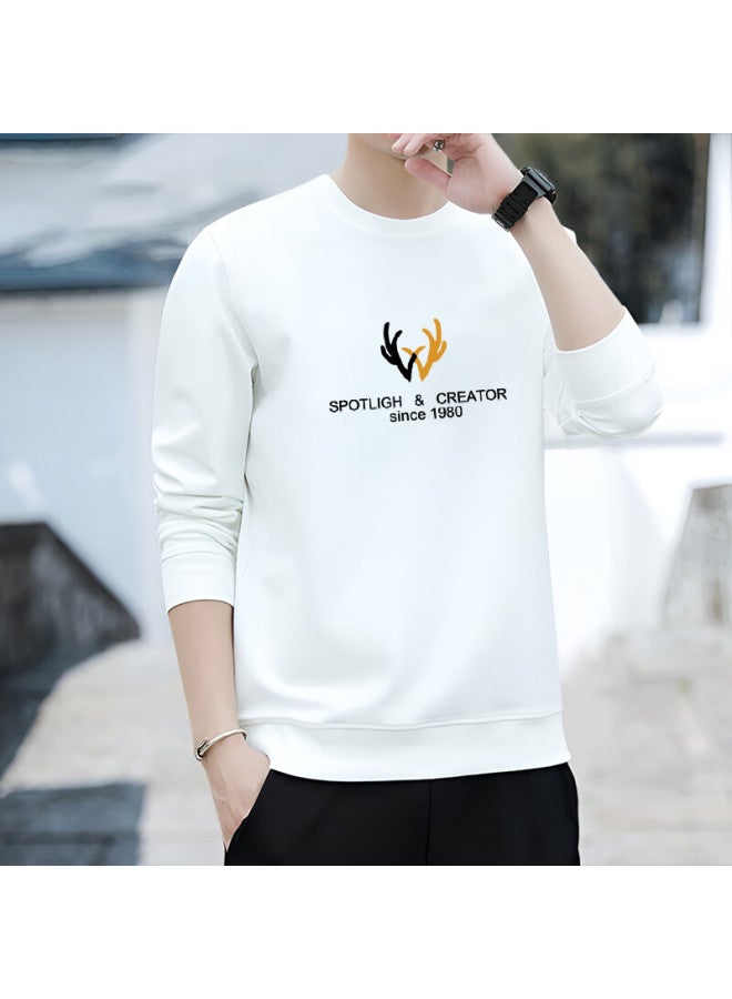Vancamel Men's Autumn Casual Solid Color Crew Neck Long Sleeve Sweatshirt White XL - Image 1