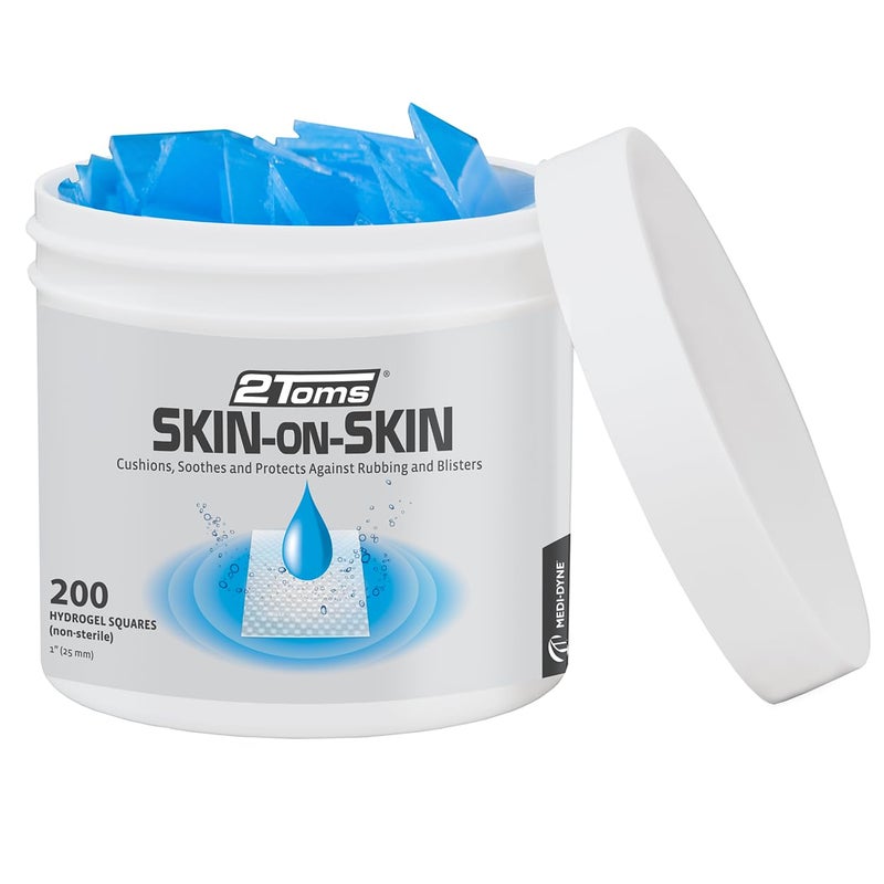 2Toms SkinOnSkin Hydrogel Squares for Blisters Chafing Stings Irritations and Skin Pain Relief 200 1Inch Squares
