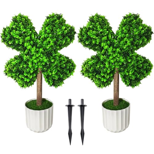 DTNESS 2 Pack Large Four Leaf Clover Artificial Plants St. Patricks Day Decorations, 22" Tall Lucky Shamrock Artificial Plant w/Potted and Ground Spike for Outside, Front Porch, Home Garden Decor - Image 1