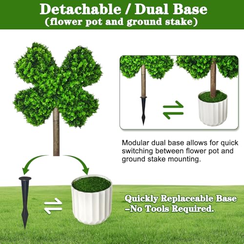 DTNESS 2 Pack Large Four Leaf Clover Artificial Plants St. Patricks Day Decorations, 22" Tall Lucky Shamrock Artificial Plant w/Potted and Ground Spike for Outside, Front Porch, Home Garden Decor - Image 4