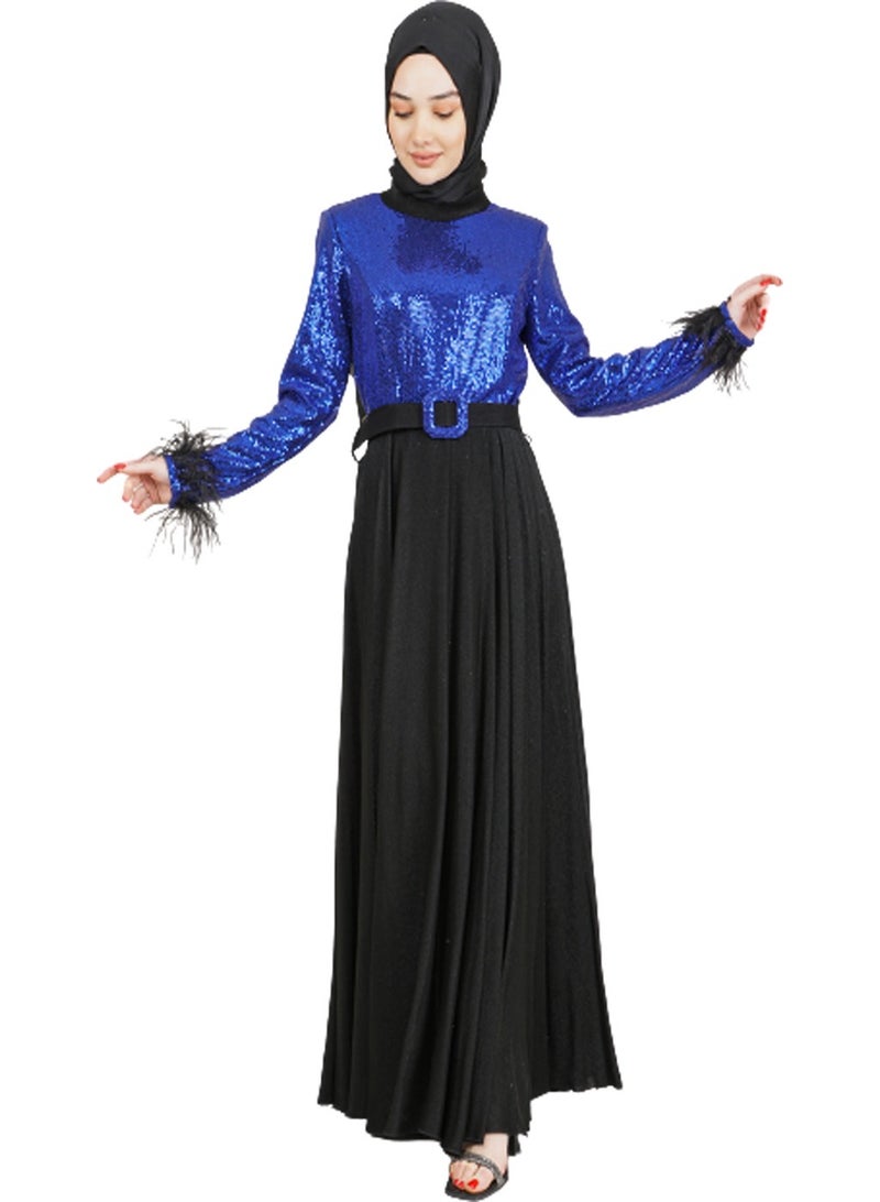 Lamora Women's Long Dress with Sleeves Tassel Sequined and Belt Evening Dress for Special Occasions Royal Blue - Image 1