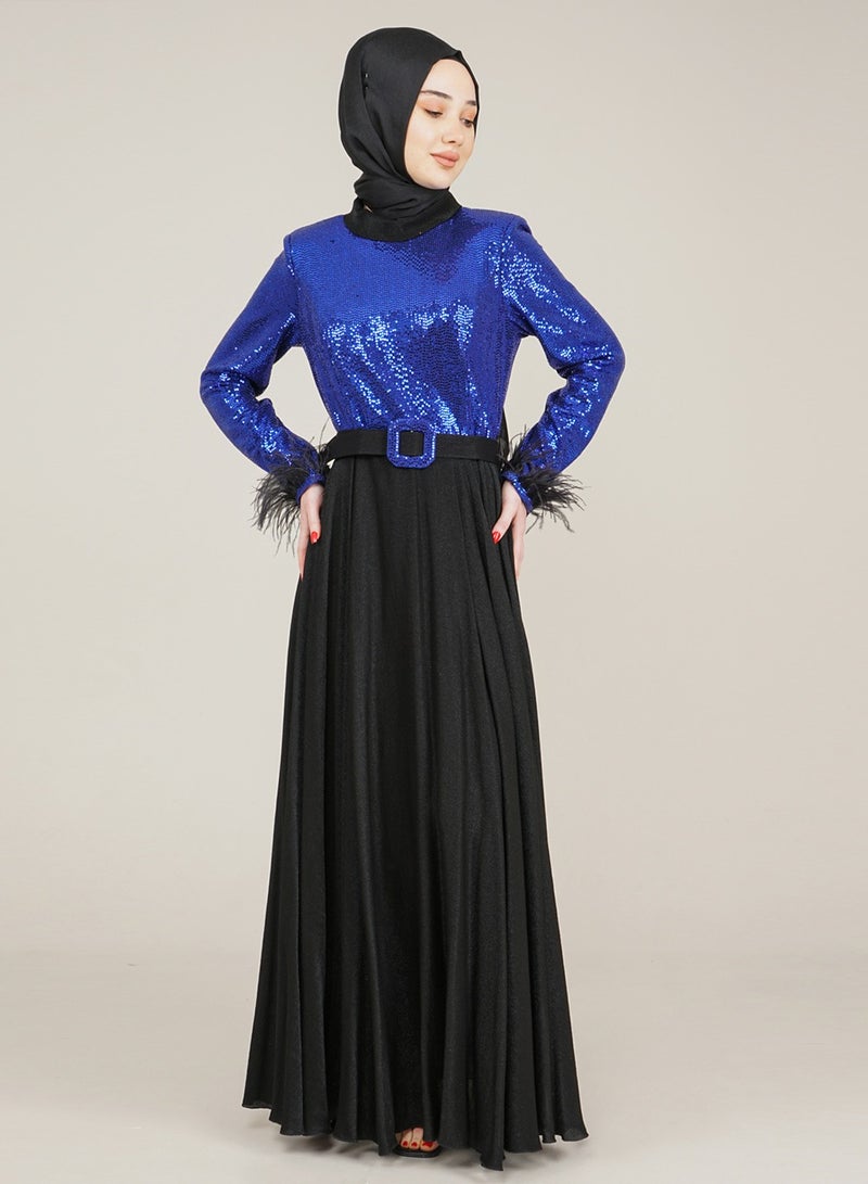 Lamora Women's Long Dress with Sleeves Tassel Sequined and Belt Evening Dress for Special Occasions Royal Blue - Image 2