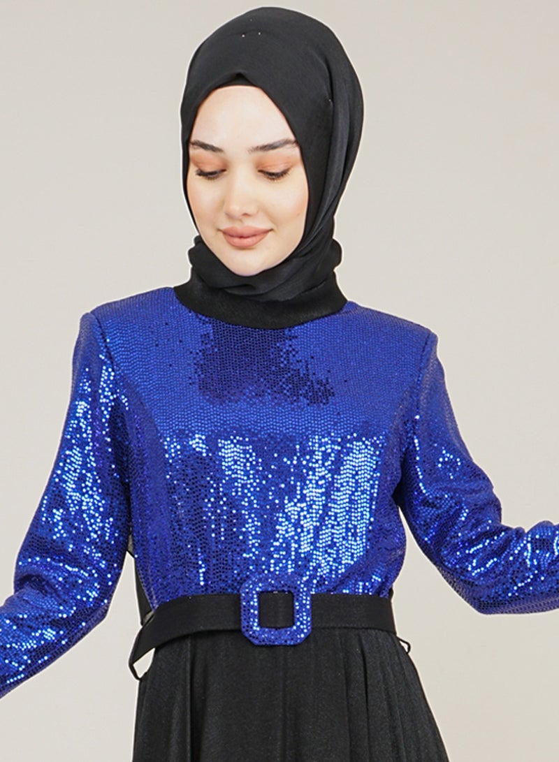 Lamora Women's Long Dress with Sleeves Tassel Sequined and Belt Evening Dress for Special Occasions Royal Blue - Image 3