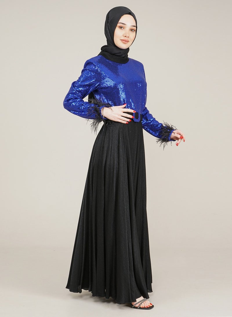 Lamora Women's Long Dress with Sleeves Tassel Sequined and Belt Evening Dress for Special Occasions Royal Blue - Image 4